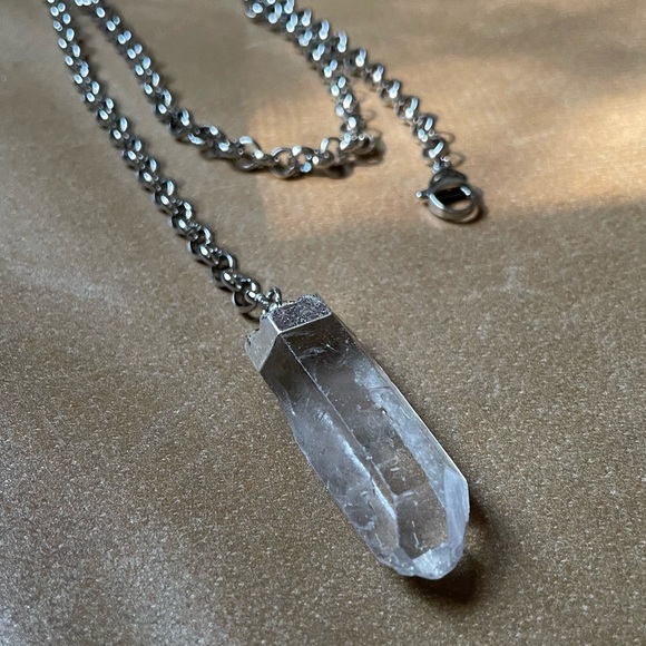 Quartz crystal lariat necklace silver rolo chain layer minimal luxe Y necklace - Picture 4 of 7